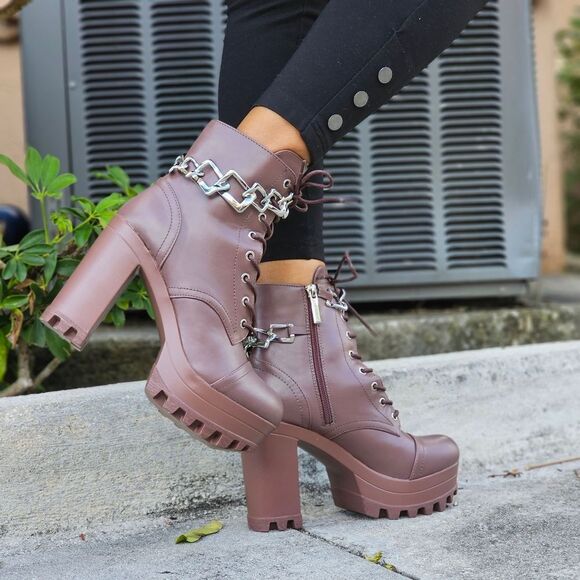 Women's Platform Heel Boots Chunky Ankle Lace Up Mocha Color - Picture 4 of 5